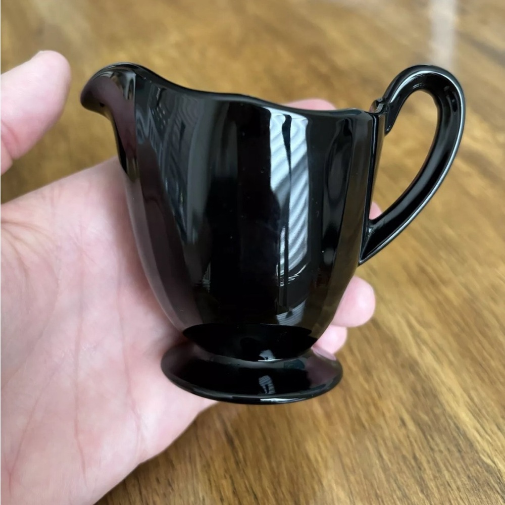 Vintage Elegant Fostoria FAIRFAX Ebony Glossy Black Glass Creamer Open Sugar - Picture 7 of 14